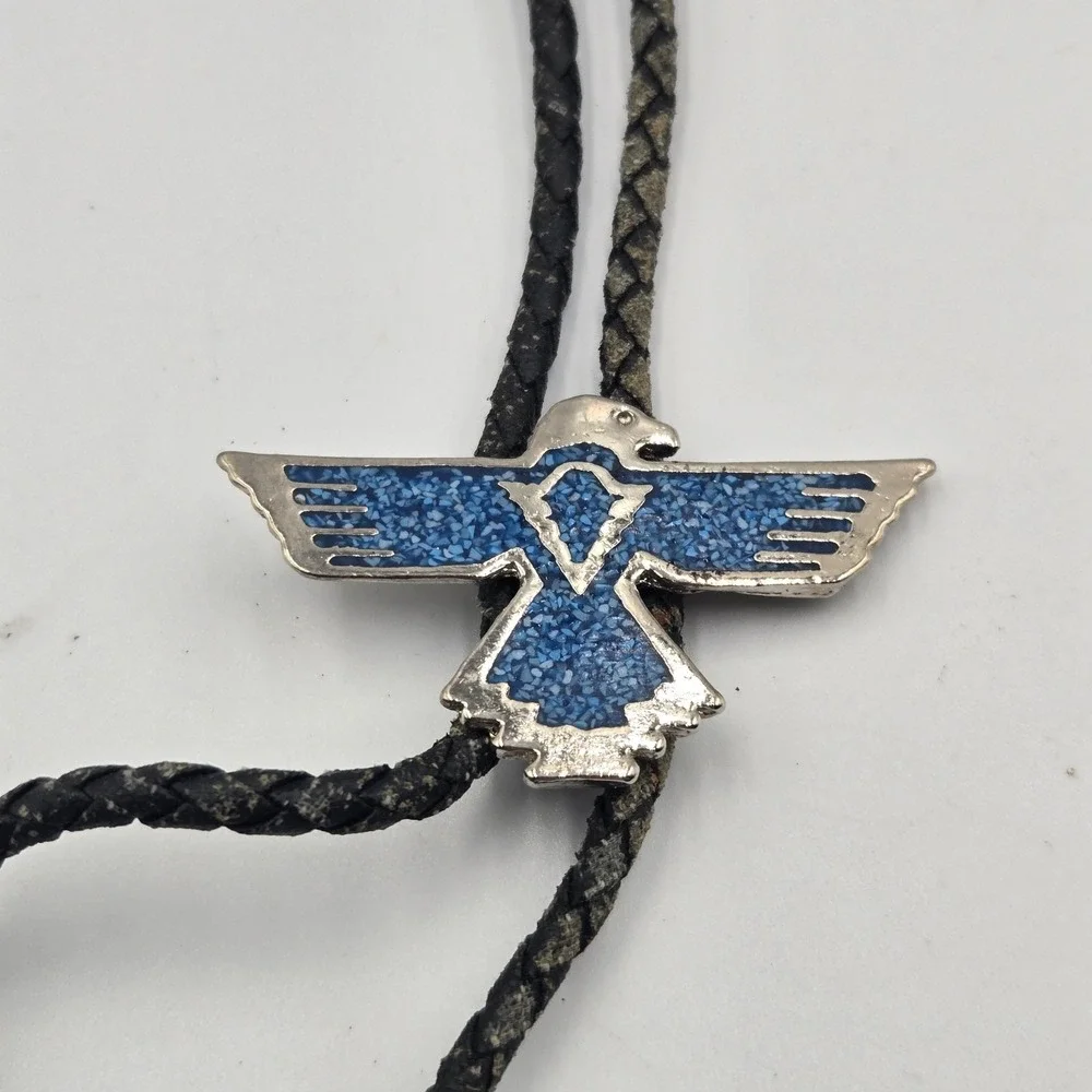 vintage Bolo‎ Western Tie Eagle W/ Crushed Turquoise Inlay Leather Braid Cord